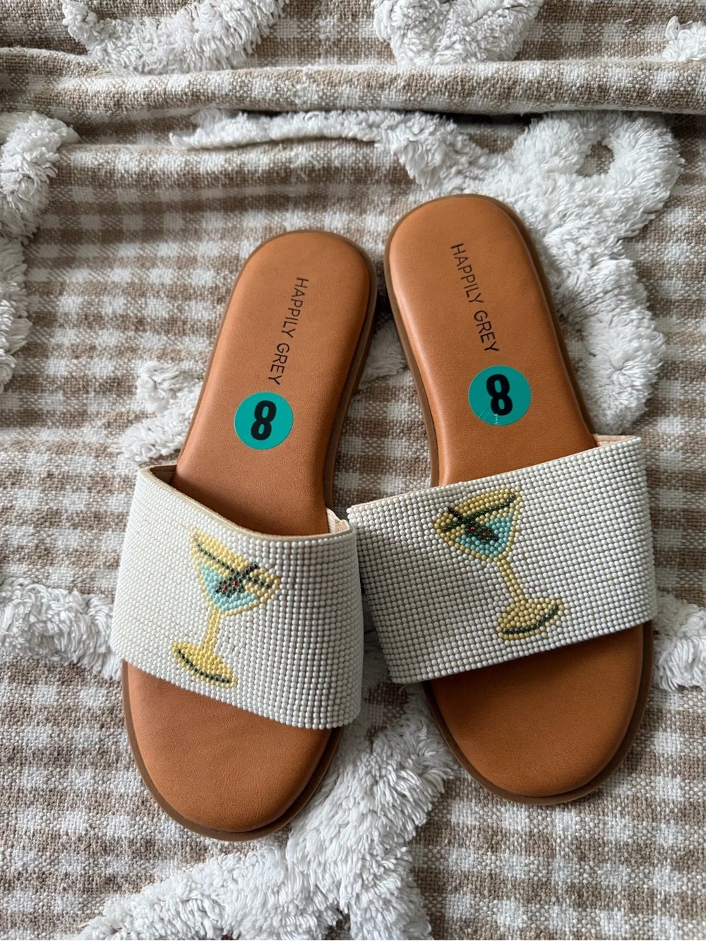 Happily Grey Beaded Cocktail Slide Sandals - White & Tan